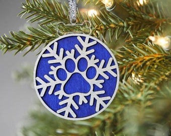 Pet Paw Snowflake Ornament, Gifts for Pets, Pet Mom, Pet Dad, Dog and Cat, Christmas Ornament, Wooden Hand Made