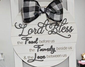 Modern Lord Bless the Food Kitchen Wall Decor - Wooden Engraved Sign - 7 Inch Round with Bow - Mini Door Sign Style - Thoughtful Gifts