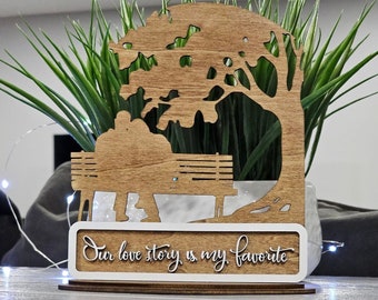 Wood Love Story Quote - Couple on Bench Under Tree Stand - Romantic Home Decor - Anniversary - Wedding - Table Stand