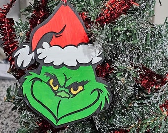 Handmade Painted Grinch Face Ornament - Whimsical Christmas Decor - Everyone's Favorite Christmas Cartoon - Perfect Holiday Gift -