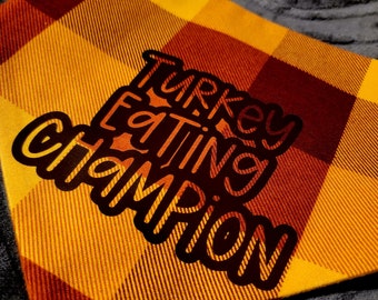 Reversible, Adjustable, Snap On Pet Bandana, Red Yellow Orange Fall Thanksgiving Color Plaid Flannel, Turkey Eating Champion, Dogs or Cats