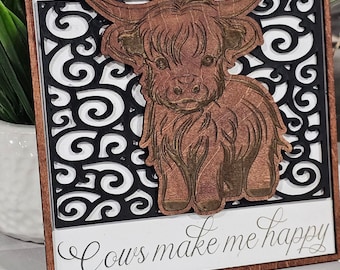 Modern Rustic Highland Cow Wall Sign - "Cows Make Me Happy" - Farmhouse Decor - Highland Cow Decor - Farmhouse Living Room Decor - Every day