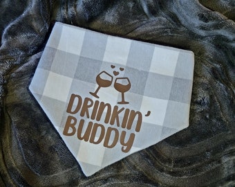 Gray Plaid Everday Pet Bandana Drinkin' Buddy Pet Gift Flannel Reversible Snap On Cheers Dad or Mom Dogs or Cats Pets Drinking Adjustable