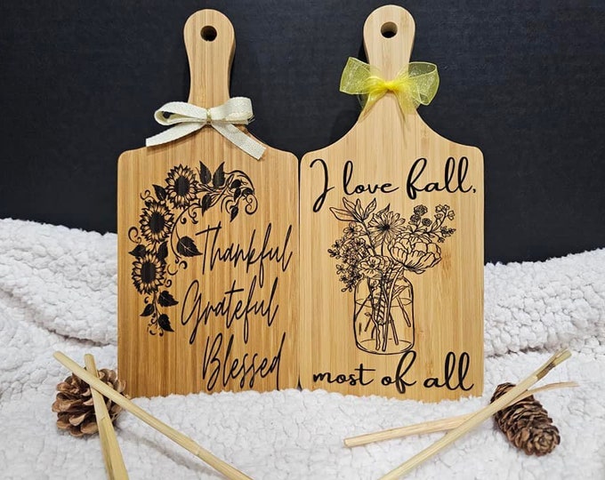 Featured listing image: Fall-Thanksgiving Mini Bamboo Engraved Cutting Board Decor 11 in by 5 in, Must Have, Thankful Grateful Blessed, I Love Fall Most Of All