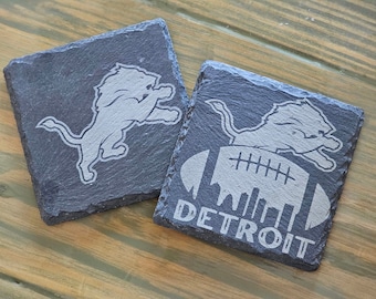 Detroit Lions Logo Black Slate Drink Coasters (Set of 2, 4, or 6)