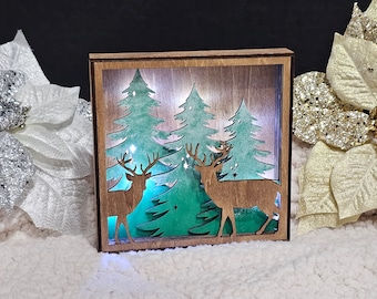 Snow Covered Trees and Deer Light-Up Stand - Rustic Winter Wonderland Decor