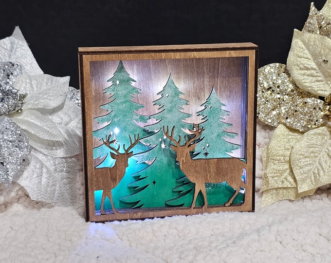 Featured listing image: Snow Covered Trees and Deer Light-Up Stand - Rustic Winter Wonderland Decor