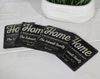 Set of 4 Personalized Slate Coaster with Custom Est. Year, Family Name, and Address - 4x4 - Handcrafted Home Decor