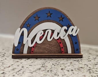 Patriotic 'Merica Wooden Shelf Sitter - Rustic Red, White, & Blue Decor