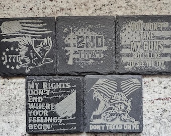 2A Second Amendment Black Slate Coasters - Set Styles and Options - Constitutional Rights, Don't Tread on Me, 1776, Eagle, American Flag