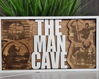 The Man Cave table top plaque for him, hunting, fishing, american flag, bow hunting, for hunting man, Christmas Gift, Engraved