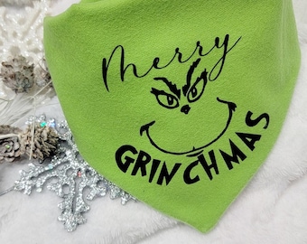 Merry Grinchmas Christmas Holiday Pet Bandana Christmas Grinch Font Pet Bandana Reversible Choose Your Design Adjustable Snap On Cats Dogs