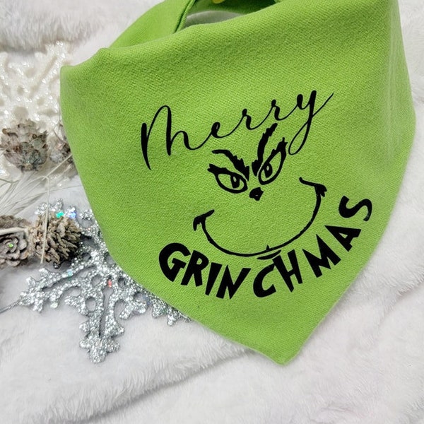 Merry Grinchmas Christmas Holiday Pet Bandana Christmas Grinch Font Pet Bandana Reversible Choose Your Design Adjustable Snap On Cats Dogs