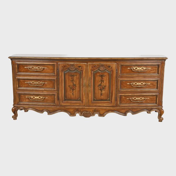 Drexel Heritage French Provincial Louis XV Carved Walnut Triple Dresser, Circa 1970s
