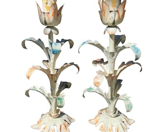 Pair of Diminutive Floral Italian Style Tole Lamps