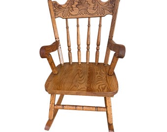 Vintage Carved and Pressed Back Oak Child's Rocking Chair