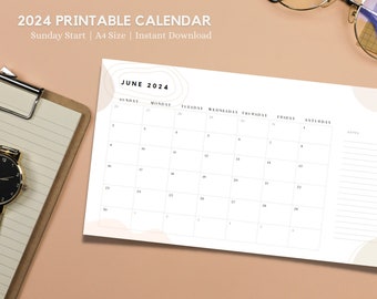2024 Calendar Printable | Monthly Calendar | Planner | Instant Download | PDF | Sunday Start | A4 Size | Landscape | Minimal | Abstract