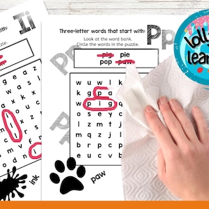 Búsqueda de palabras para preescolares (¡23 páginas!) ¡Divertido juego de palabras reconocibles a la vista para practicar el aprendizaje del alfabeto! ¡Viene con certificado ABC!