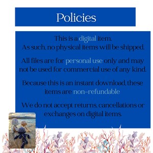 Op de afbeelding: Een blauwe afbeelding met het woord 'Beleid' bovenaan. De tekst stelt dat dit een digitaal item is, er geen fysieke items worden verzonden, alleen voor persoonlijk gebruik en niet-restitueerbaar. Er worden ook geen retouren, annuleringen of omruilingen van digitale items geaccepteerd.