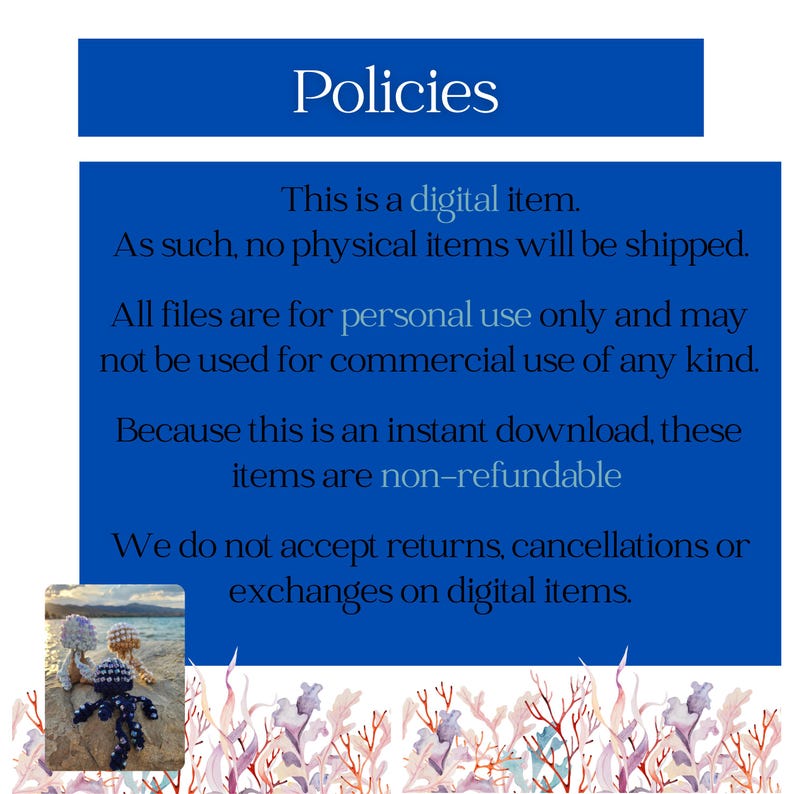 Op de afbeelding: Een blauwe afbeelding met het woord 'Beleid' bovenaan. De tekst stelt dat dit een digitaal item is, er geen fysieke items worden verzonden, alleen voor persoonlijk gebruik en niet-restitueerbaar. Er worden ook geen retouren, annuleringen of omruilingen van digitale items geaccepteerd.