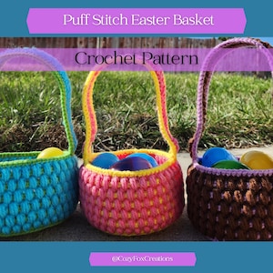 Puff Stitch Easter Basket Crochet Pattern, Spring Basket, Easter Basket Crochet Pattern, Mini Crochet Baskets, Crochet Easter Baskets