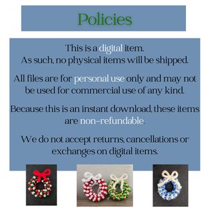 Peut inclure: Image avec un fond bleu et le mot "Policies" en vert. Le texte indique qu'il s'agit d'un article num&eacute;rique, qu'aucun article physique ne sera exp&eacute;di&eacute;, pour un usage personnel uniquement et non remboursable. Petites images de couronnes en bas.