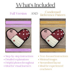 May include: Image shows two crochet heart patterns, one full version and one condensed. The hearts are pink, white, and burgundy with white polka dots. Text includes "Patchwork Heart Crochet Pattern" and "What's Included".