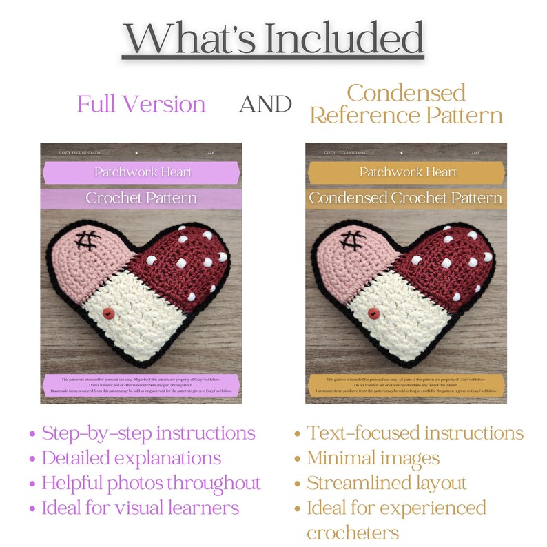 May include: Image shows two crochet heart patterns, one full version and one condensed. The hearts are pink, white, and burgundy with white polka dots. Text includes "Patchwork Heart Crochet Pattern" and "What's Included".