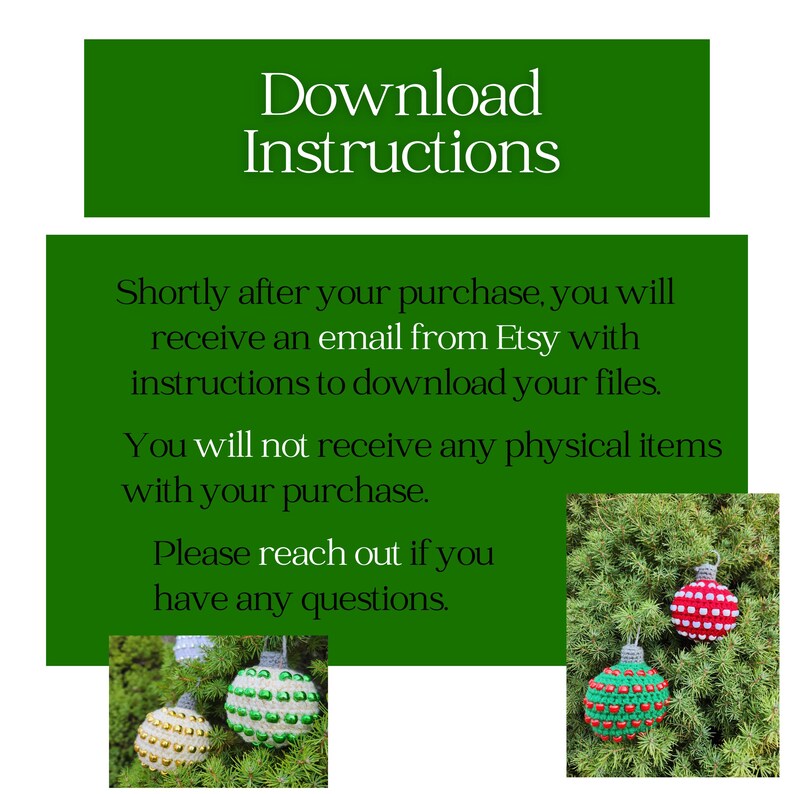 Puede incluir: Fondo verde con texto blanco: "Instrucciones de descarga". El texto explica c&oacute;mo descargar archivos despu&eacute;s de la compra. La imagen tambi&eacute;n muestra tres adornos navide&ntilde;os con dise&ntilde;os rojos, verdes y dorados.