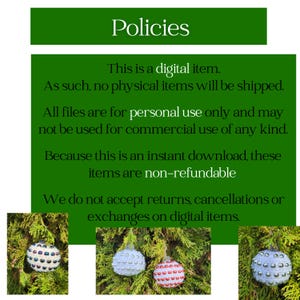 Puede incluir: Fondo verde con la palabra "Policies" en blanco. El texto indica que se trata de un art&iacute;culo digital, no se enviar&aacute;n art&iacute;culos f&iacute;sicos, solo para uso personal y no reembolsable. Se muestran tres adornos decorativos.