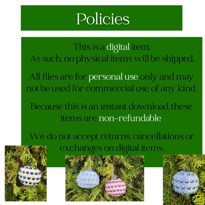 Puede incluir: Fondo verde con la palabra "Policies" en blanco. El texto indica que se trata de un art&iacute;culo digital, no se enviar&aacute;n art&iacute;culos f&iacute;sicos, solo para uso personal y no reembolsable. Se muestran tres adornos decorativos.