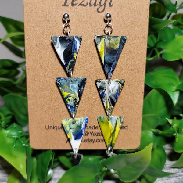 Handmade Colorful Triangles Dangle Earrings Upcycled Eco Friendly Jewelry, Unique Gift for Her, Sterling Silver Recycled Plastic Earrings