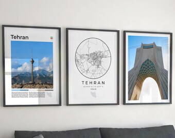 May include: Three framed prints of Tehran, Iran. The first print features a photo of the Milad Tower, the second print features a map of Tehran, and the third print features a photo of the Azadi Tower.