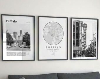 Buffalo NY Black & White Print Set: City Map, Skyline (Digital Download)