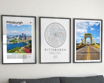 Digital Pittsburgh Print Set Of 3 Wall Art, Pittsburgh Map Decor, Pennsylvania Poster, Pittsburgh Steelers Wall Art, Pittsburgh Gifts Travel