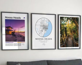 Digital Noosa Heads Poster Set Of 3, Noosa Heads Map Art, Noosa Heads Print Noosa Heads Photo Gallery Wall Art, Queensland Australia Oceania