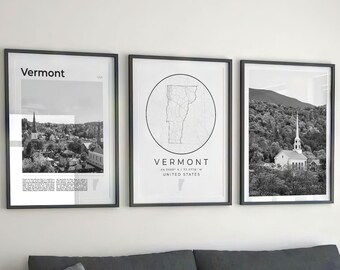 Vermont schwarz weiß Poster Set: Zustand, Karte, Reise Kunst (Digitaler Download)