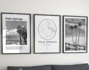 Zestaw czarno-białych wydruków Palm Springs: mapa i fotografia (pobranie cyfrowe)