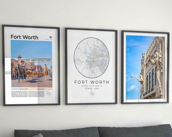 Fort Worth Print Set of 3, Fort Worth Map, Fort Worth Wall Art, Fort Worth Poster, Fort Worth Art Photo, Texas Gift, Fort Worth Travel Decor