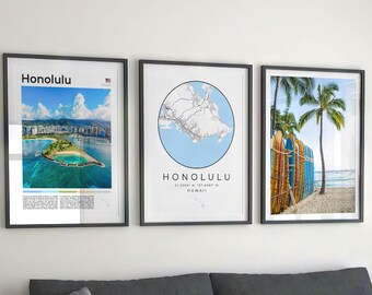 Honolulu Digital Print 3er Set, Honolulu Karte, Honolulu Wandkunst, Honolulu Poster Decor. Honolulu Travel Print, Honolulu Foto, Hawaii Geschenk