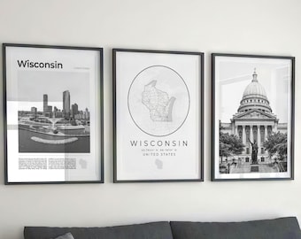 Wisconsin Art Print Set: Black and White Travel Posters (Digital Download)