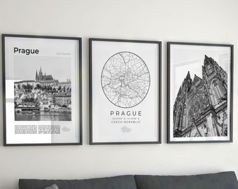 Prague Black and White Print Set: Map & Architecture (Digital Download)