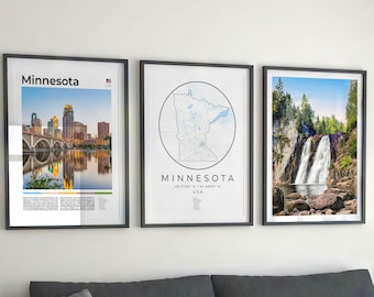 Minnesota State Print Set of 8, Minnesota Map Decor, MN Minnesota Travel Poster, Minnesota Wall Art Photos, Minnesota Gifts