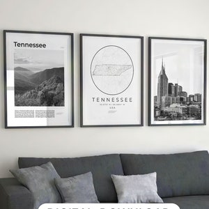 Digital Tennessee Black and White Print Set Of 3, Tennessee Map, Tennessee Poster Wall Art Decor, USA Tennessee State Photo, Tennessee Gifts