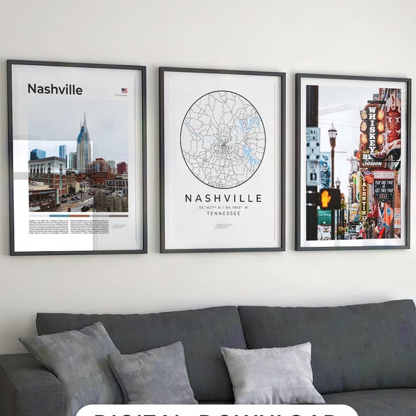 Digital Nashville Print Set Of 3, Nashville Map Art, Nashville City Poster Wall Art Decor, Nashville Photography, Us Tennessee Photo Gallery
