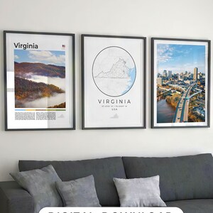 Impression numérique de l'état de Virginie, lot de 3, carte d'art de Virginie, décoration de Virginie en Virginie, photos d'art mural de Virginie, affiche de voyage de Virginie, cadeaux de Virginie