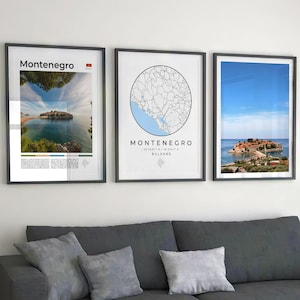 Set di 3 stampe digitali del Montenegro, arte murale, mappa del Montenegro, poster di viaggio dei Balcani, viaggio in Europa, città europee, Crna Gora, Podgorica, Balcani