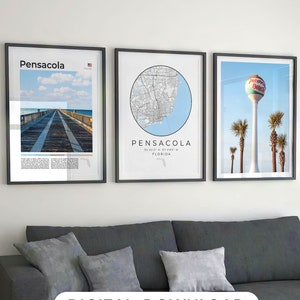 Digitale Pensacola Florida prints set van 3, Pensacola kaart decor, Pensacola FL Beach muurkunst, Pensacola reisposter, USA Florida cadeau foto