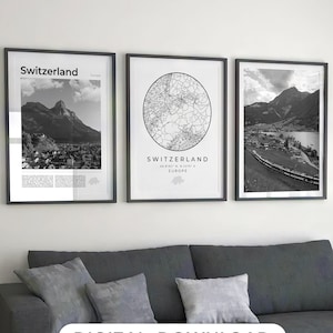 Juego de 3 impresiones digitales en blanco y negro de Suiza, mapa artístico de Suiza, póster decorativo de pared de Suiza, paisaje de los Alpes suizos, foto de Europa