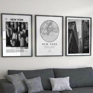 Stampa digitale di New York City, Skyline di New York in bianco e nero, Mappa dello Stato di New York, Paesaggio urbano di New York City, Poster di New York City, Città di New York, Stati Uniti